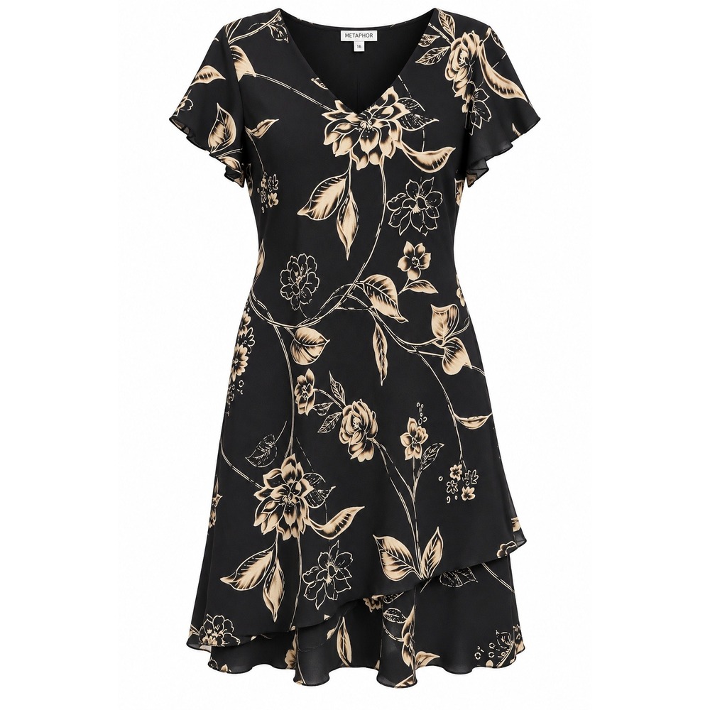 Metaphor Women 16 Black Beige Floral Dress Flutter Sleeve Layered Lettuce Hem